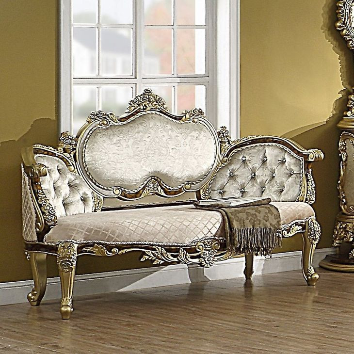 Desiderius Beige Upholstered Accent Bench with Tufted and Nailhead Trim