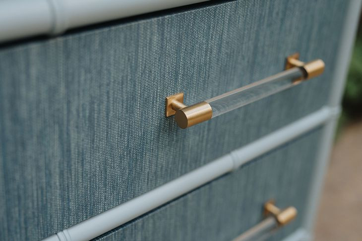 Beckett Dyed Grasscloth and Light Blue Matte Lacquer 4 Drawer Chest