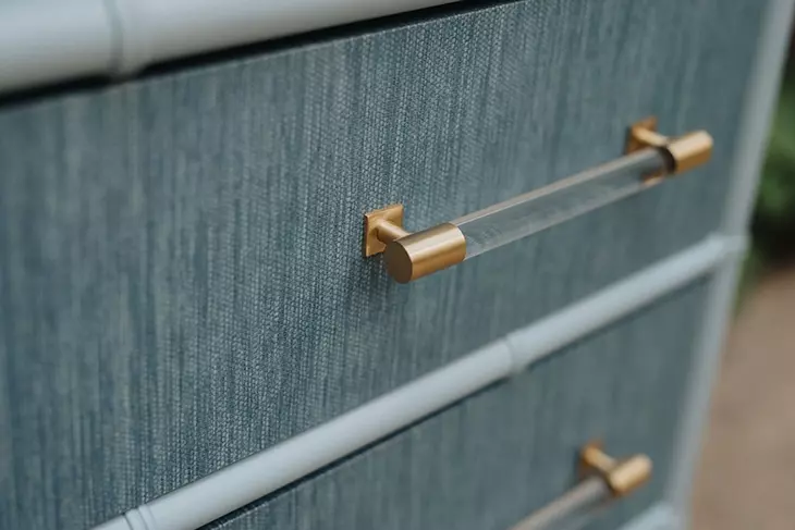 Beckett Dyed Grasscloth and Light Blue Matte Lacquer 4 Drawer Chest