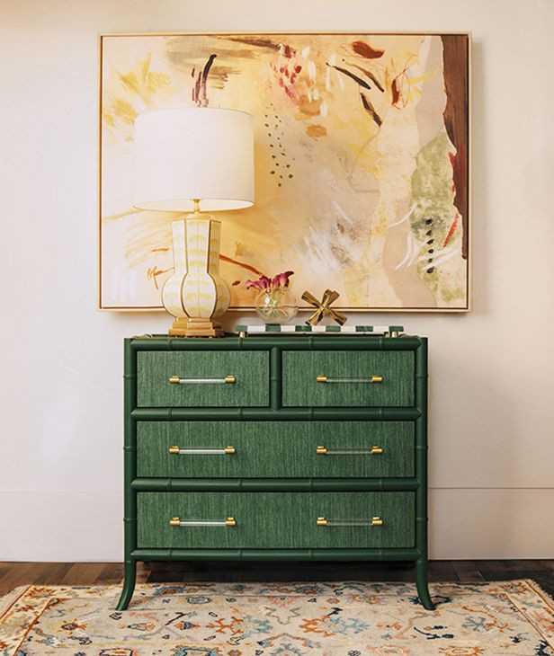 Beckett Dyed Grasscloth and Dark Green Matte Lacquer 4 Drawer Chest