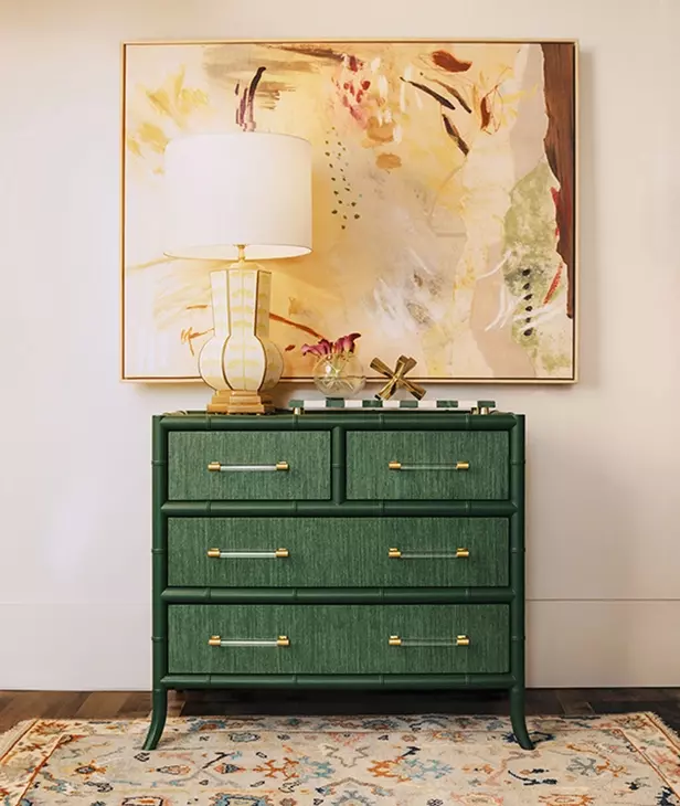 Beckett Dyed Grasscloth and Dark Green Matte Lacquer 4 Drawer Chest