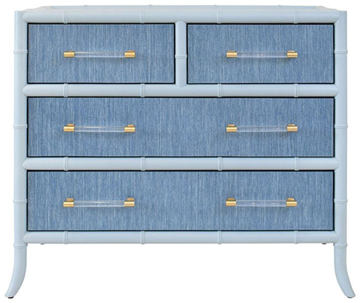 Beckett Dyed Grasscloth and Light Blue Matte Lacquer 4 Drawer Chest