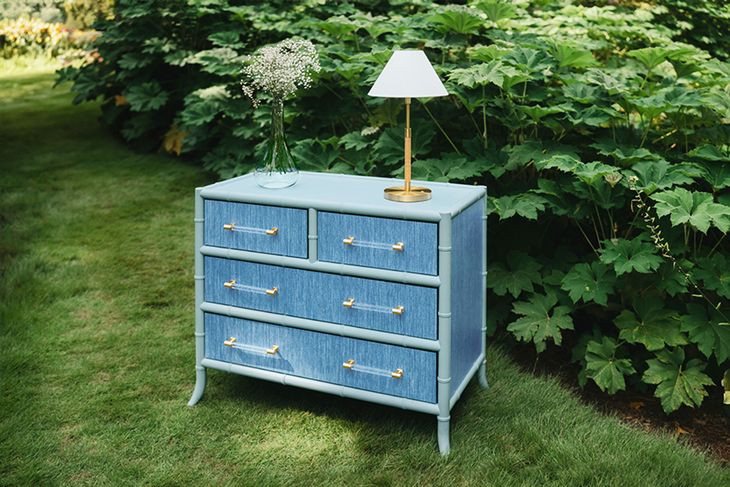Beckett Dyed Grasscloth and Light Blue Matte Lacquer 4 Drawer Chest