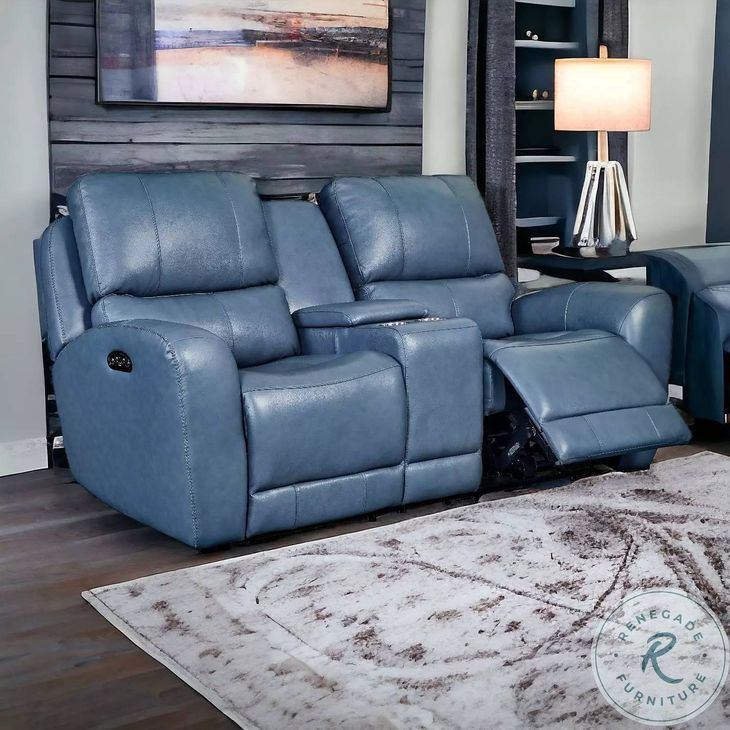 Bel Air Persian Blue Leather 76" Lay Flat Power Reclining Console Loveseat with Power Headrest and USB Charging