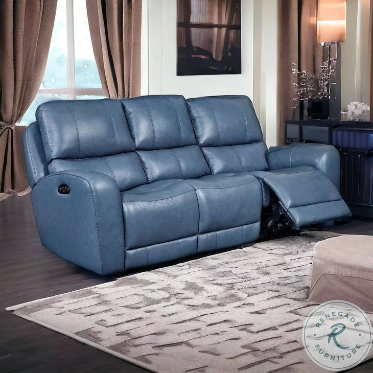 BelleAvenue Persian Blue Leather 85" Lay Flat Power Reclining Sofa with Power Headrest and USB Charging