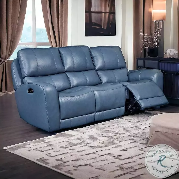 BelleAvenue Persian Blue Leather 85" Lay Flat Power Reclining Sofa with Power Headrest and USB Charging