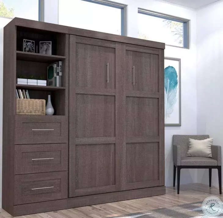 Pur Bark Grey 84" Full Murphy Bed and Shelving Unit with Drawers