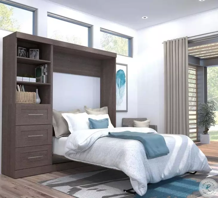 Pur Bark Grey 84" Full Murphy Bed and Shelving Unit with Drawers