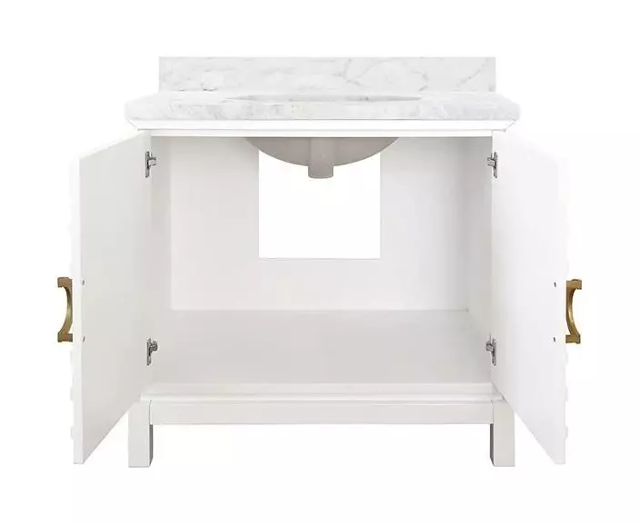 Bixby Matte White Lacquer Carrera Marble Top Bath Vanity