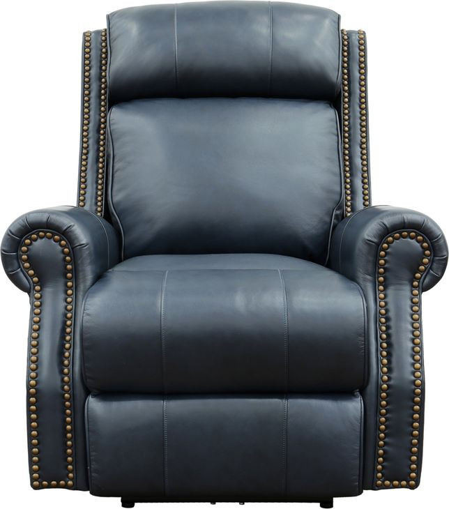 Blair Shoreham Blue Leather Power Recliner with Nailhead Trim and USB Charging