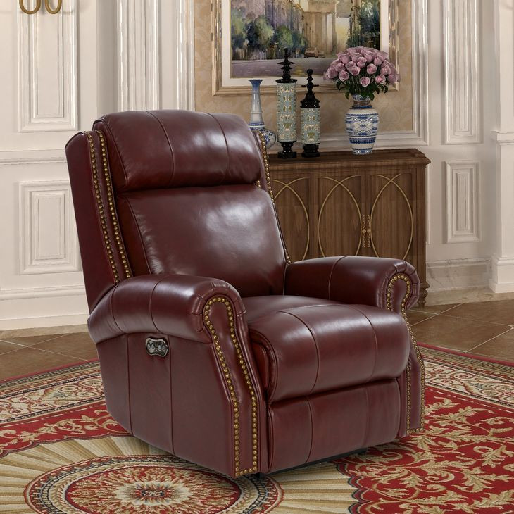 Blair Marisol Cabernet Leather Power Recliner with Nailhead Trim and USB Charging