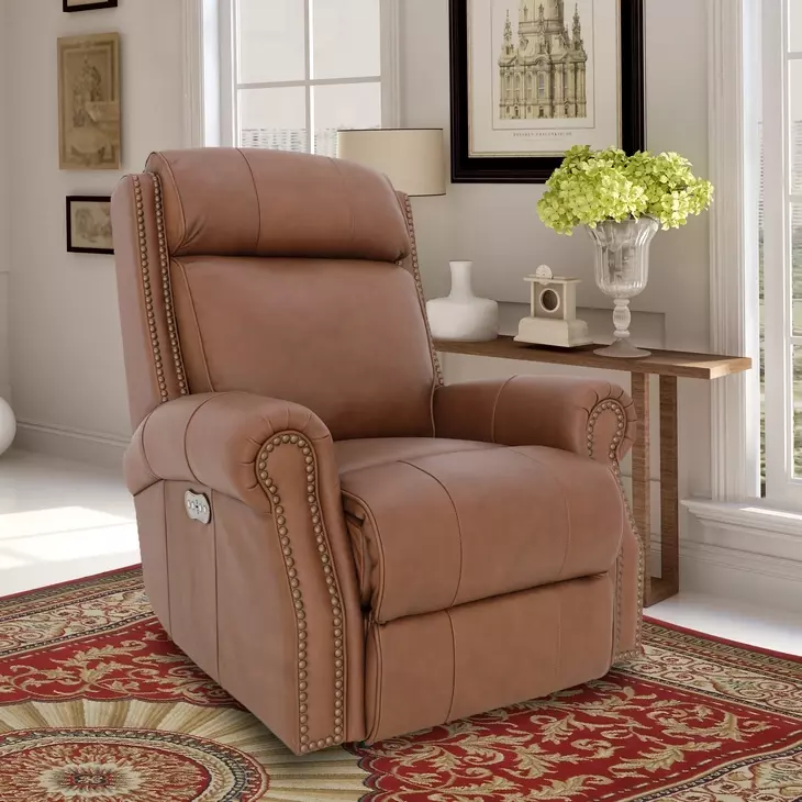 Blair Dobbs Saddle Leather Power Recliner with Nailhead Trim and USB Charging