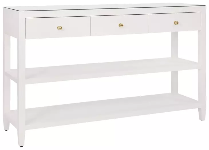 Briar Textured White Linen Soft Close 3 Drawer Sofa Table With Two Open Shelve