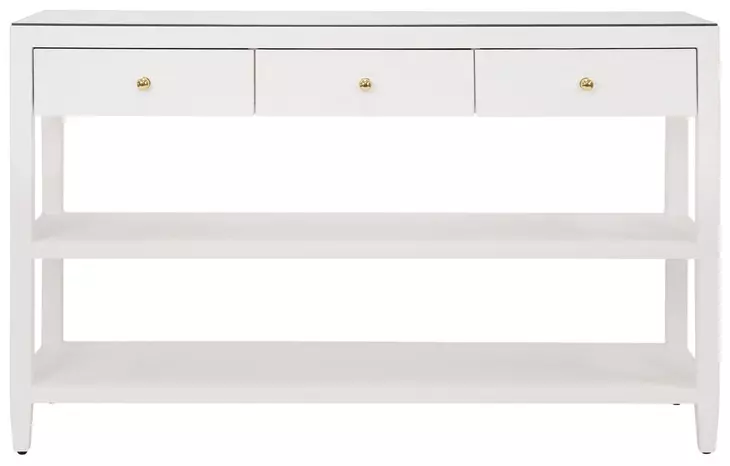 Briar Textured White Linen Soft Close 3 Drawer Sofa Table With Two Open Shelve