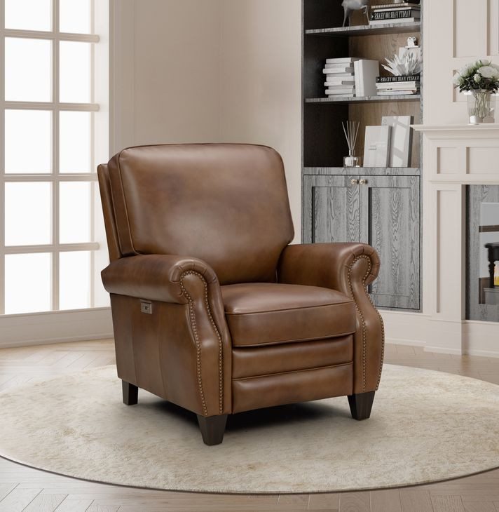 Briarwood Wenlock Tawny Leather Push Thru The Arms Recliner with Nailhead Trim