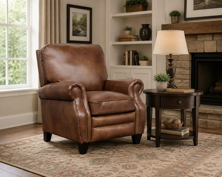 Briarwood Wenlock Tawny Leather Push Thru The Arms Recliner with Nailhead Trim