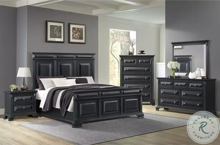 Sumner Distressed Black King Panel Bed