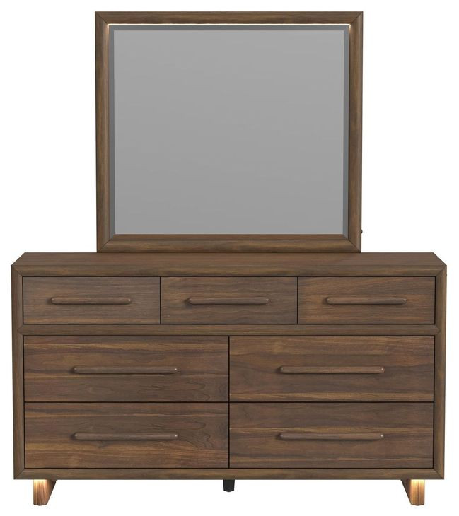 Perth Brown 7 Drawer Dresser and Rectangular Mirror with LED