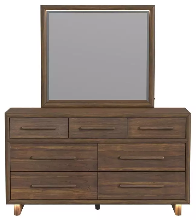 Perth Brown 7 Drawer Dresser and Rectangular Mirror with LED