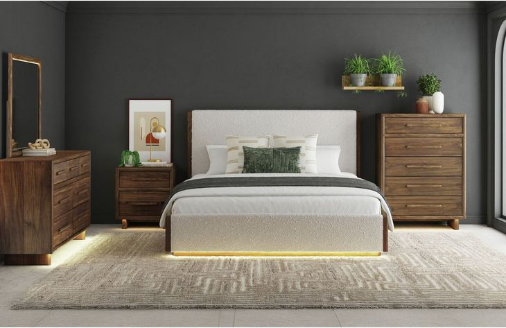 Perth Beige and Brown King Upholstered Platform Bed with LED