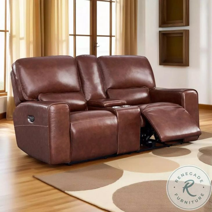 Broadway Brown Leather 79" Lay Flat Power Reclining Console Loveseat with Power Headrest and USB Charging