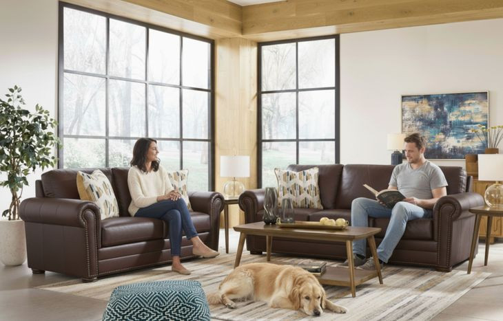 Brookstone Chocolate 61" Leather Loveseat with Nailhead Trim