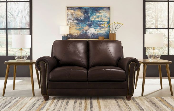 Brookstone Chocolate 61" Leather Loveseat with Nailhead Trim