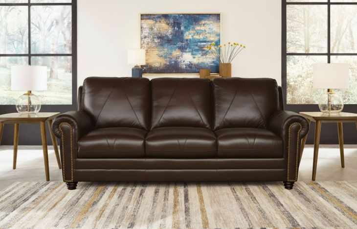 Brookstone Chocolate 86" Leather Sofa with Nailhead Trim