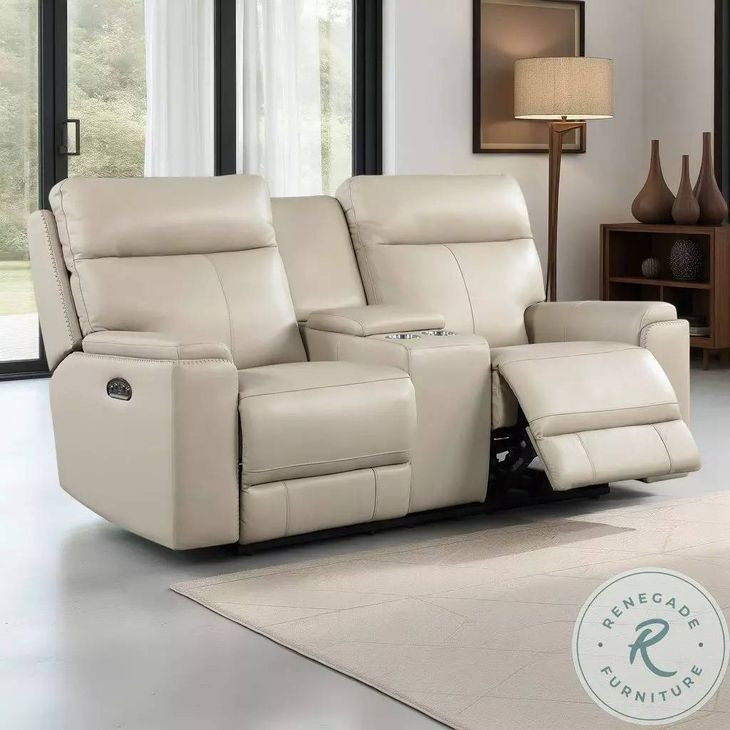 Bryant Taupe Leather 76" Lay Flat Power Reclining Console Loveseat with Power Headrest and USB Charging