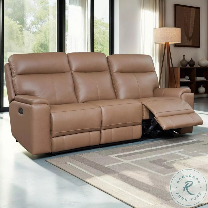 Bryant Tuscan Tan Leather 85" Lay Flat Power Reclining Sofa with Power Headrest and USB Charging