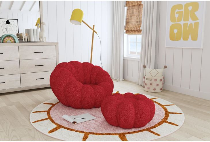 Pumpkin Red Upholstered Swivel Chair and Round Ottoman