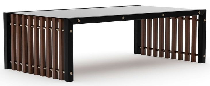 Pinstripe Dark Chocolate and Rich Walnut Rectangular Glass Top Cocktail Table