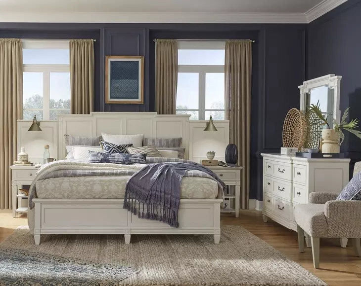 Willowbrook Egg Shell White King Wall Panel Bed with 2 Nightstand and USB Charging