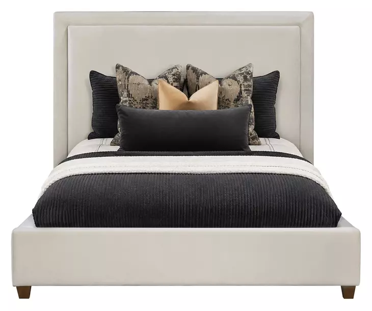 Kimberly Mystical Linen and Dark Brown King Upholstered Panel Bed