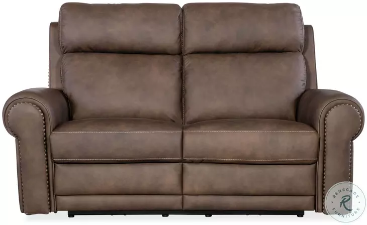 Duncan Dark Brown Leather Power Reclining Loveseat with Power Headrest And Lumbar