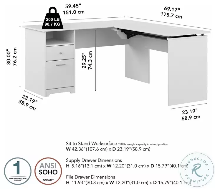 Cabot White 60" 3 Position Sit to Stand L Shaped Desk