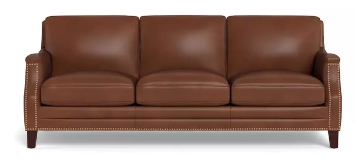 Camden Pecan Leather 87" Sofa with Nailhead Trim