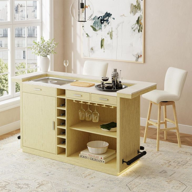 Cambria Off White and Natural 78" Rectangular Bar Table with LED