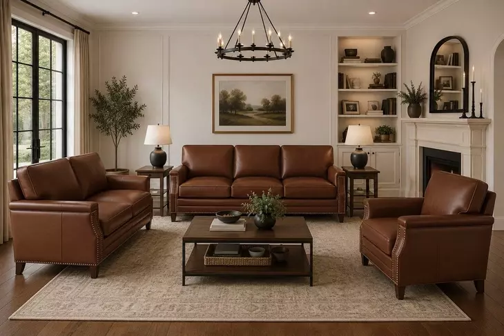 Camden Pecan Leather Living Room Set
