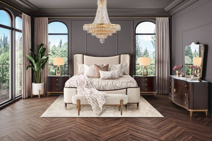 Camellia Field Pecan Upholstered Bedroom Set