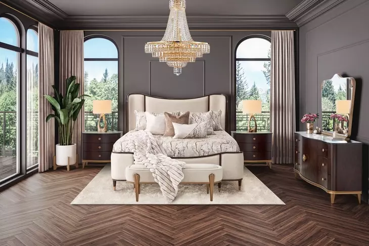 Camellia Field Pecan Upholstered Bedroom Set
