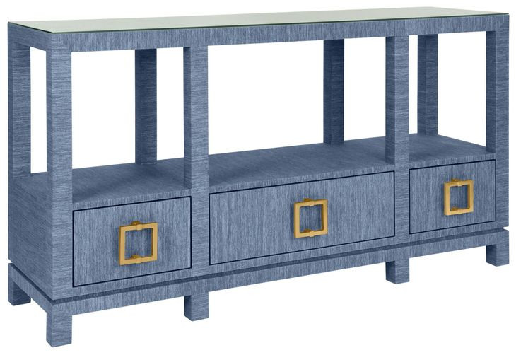 Campbell Blue 58" Glass Top Console Table with 3 Drawers