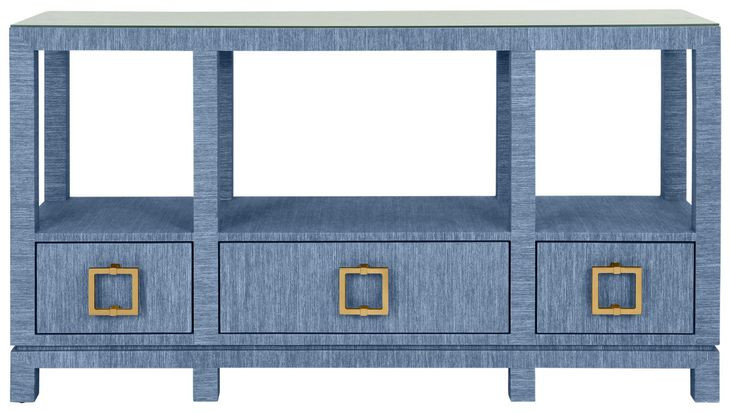 Campbell Blue 58" Glass Top Console Table with 3 Drawers