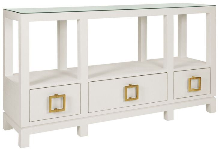 Campbell White 58" Glass Top Console Table with 3 Drawers