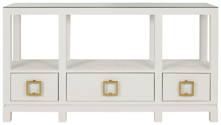 Campbell White 58" Glass Top Console Table with 3 Drawers
