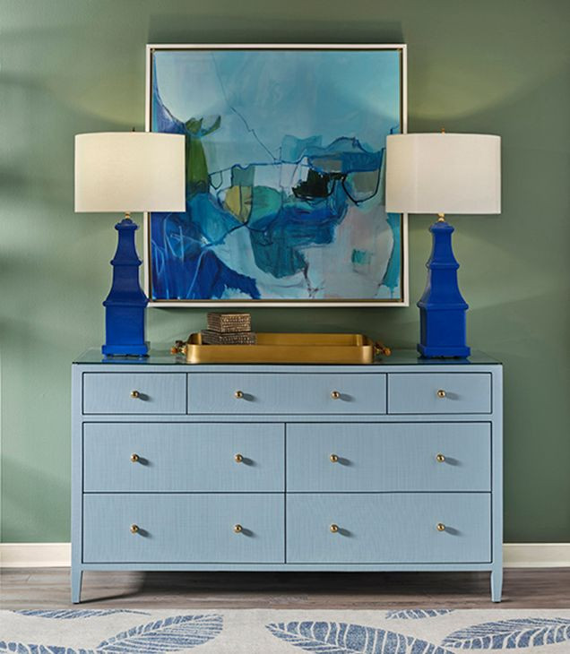 Carnegie Textured Light Blue Linen 7 Drawer Dresser