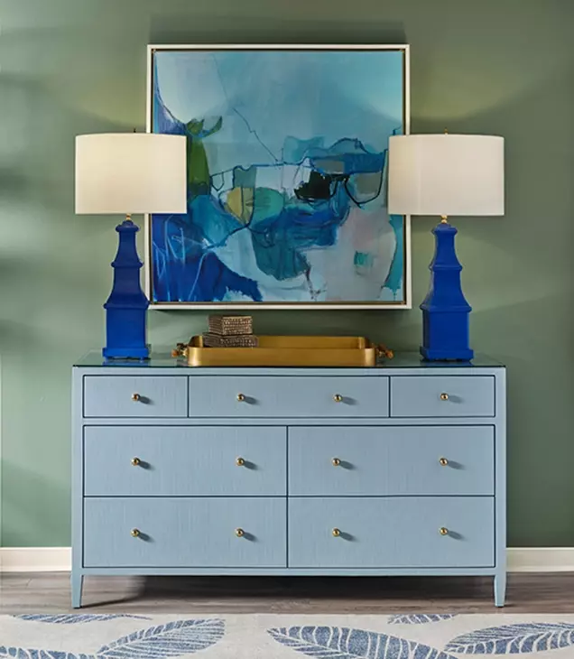 amazon blue dresser Worlds Away Carnegie Seven Drawer Chest in Textured Light Linen Alyssa | V Neck PRICEMATCH The gold ring pull Color:Dark grey