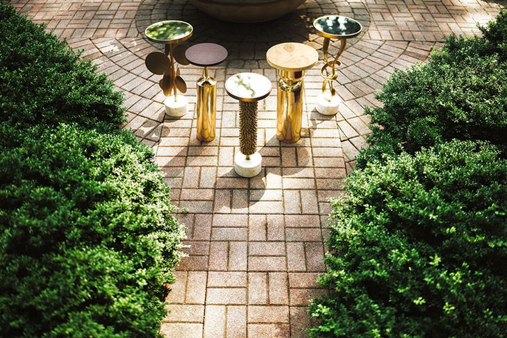 Alina Gold and Brown Round Wood Top Side Table