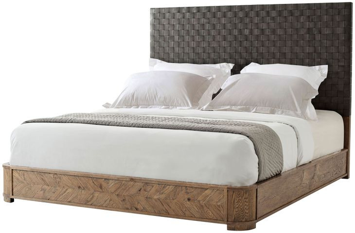 Echoes Light Echo Oak and Black Leather California King Upholstered Panel Bed