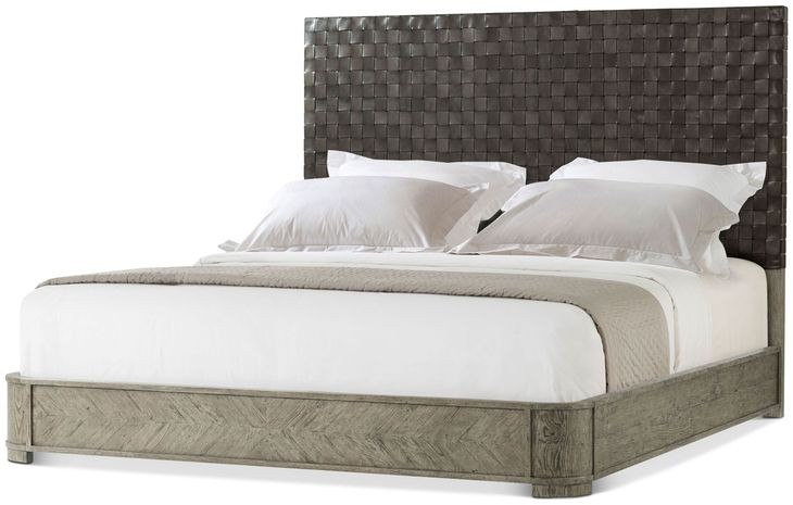 Echoes Gray Echo Oak and Black Leather California King Upholstered Panel Bed